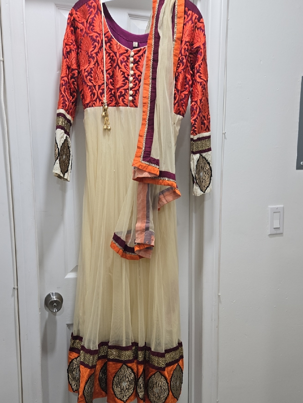 Embroidered Orange & Cream Anarkali Dress with Dupatta